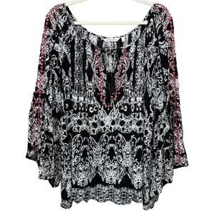 Soft Surroundings Boho Peasant Blouse Size L Black White Red Embroidery Sequins